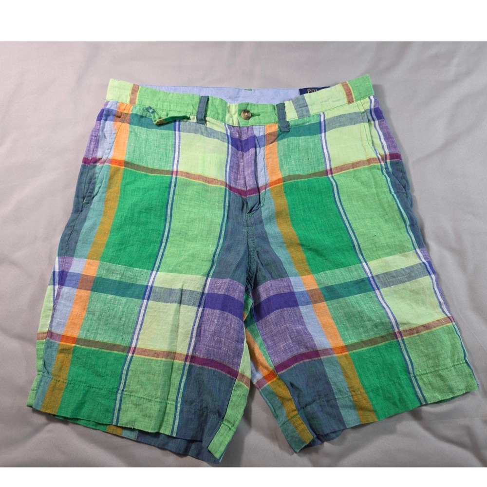 Polo Ralph Lauren Shorts Mens 32 Madras Plaid Classic Fit 100% Linen Pony Logo